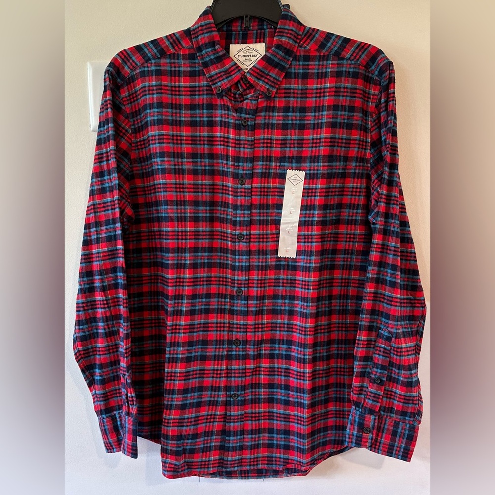 St Johns Bay Men’s Red/Blue Plaid Button Down Flannel Shirt NWT Various …
